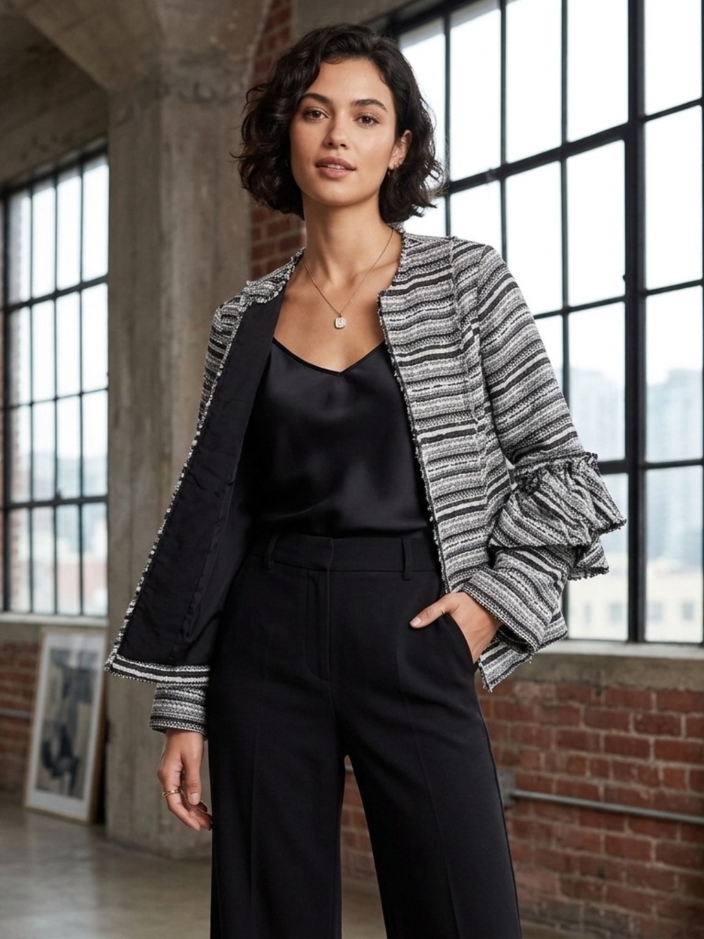 DREW Women's Tweed Ruffle Sleeve Open Blazer Suit Coat Jacket Size Small